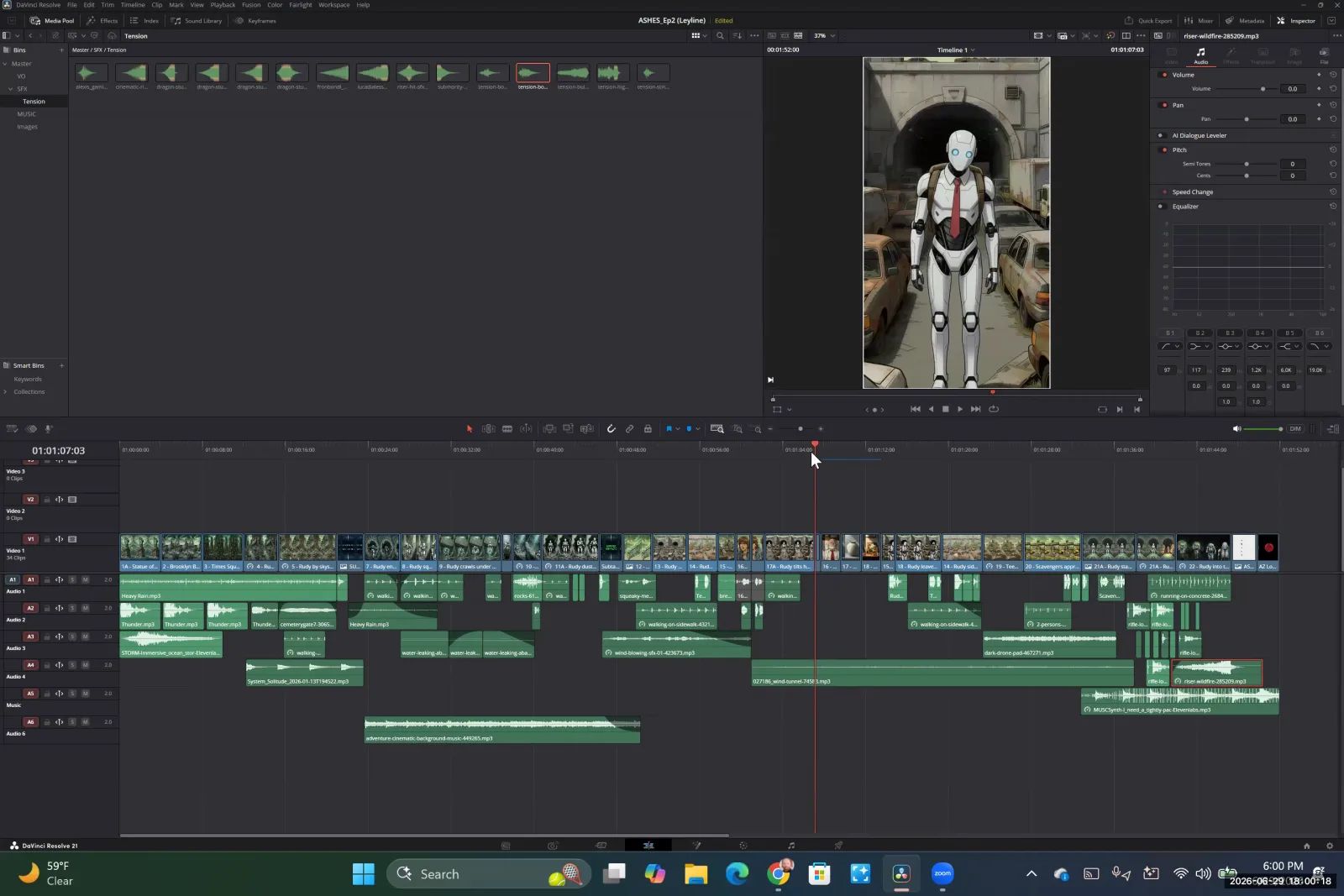 DaVinci Resolve timeline showing video, sound effects, and a long background music track on the bottom audio layer.