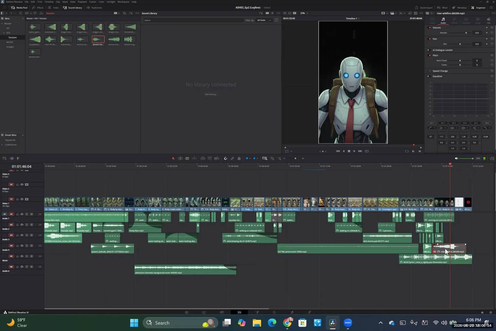 The DaVinci Resolve timeline shows multiple audio tracks for SFX and music, with the Inspector open to adjust audio levels.
