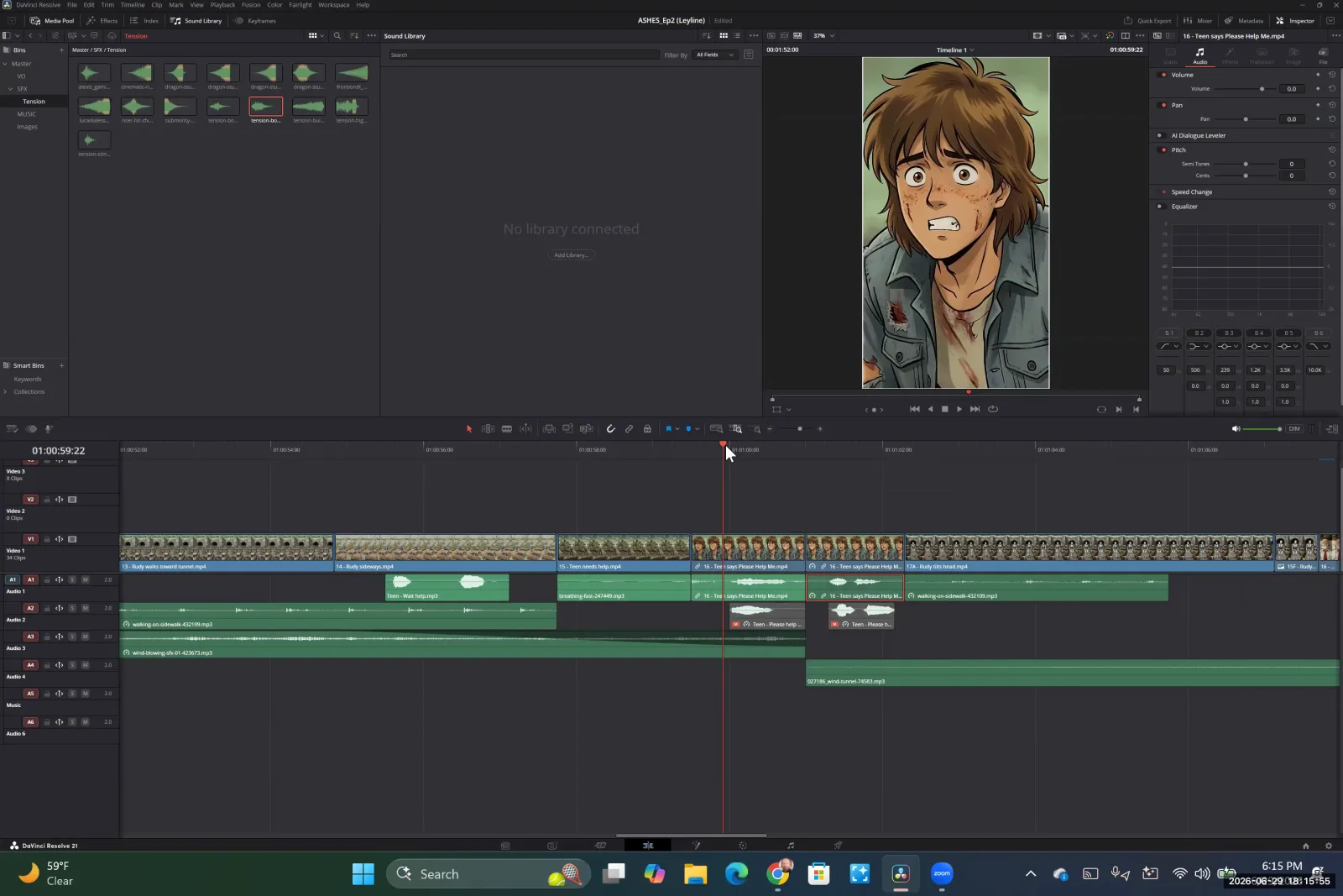 DaVinci Resolve timeline showing a video clip with its linked audio track directly underneath.