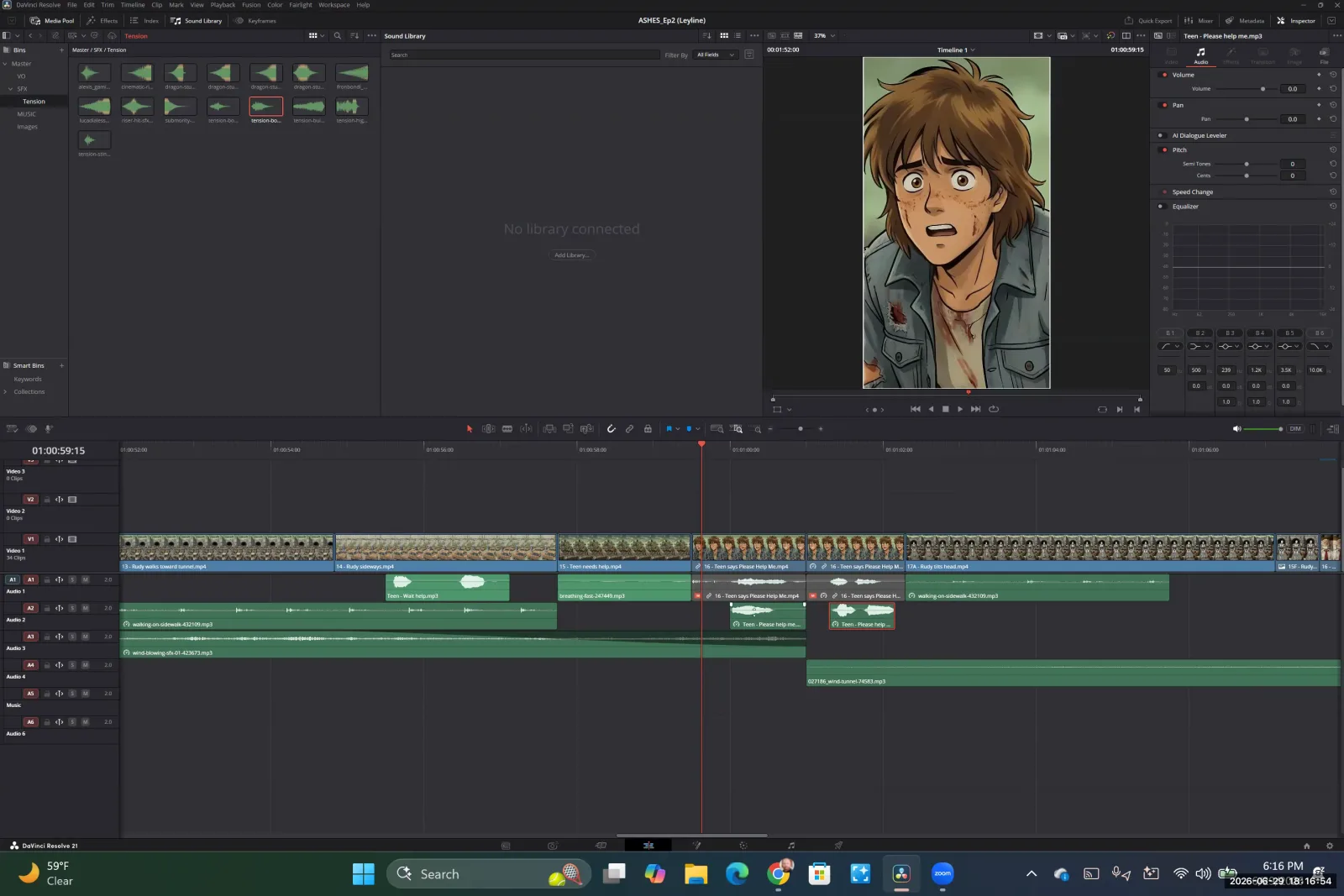 DaVinci Resolve timeline showing a new audio clip on Audio Track 5, positioned underneath the original clip on Audio Track 4.