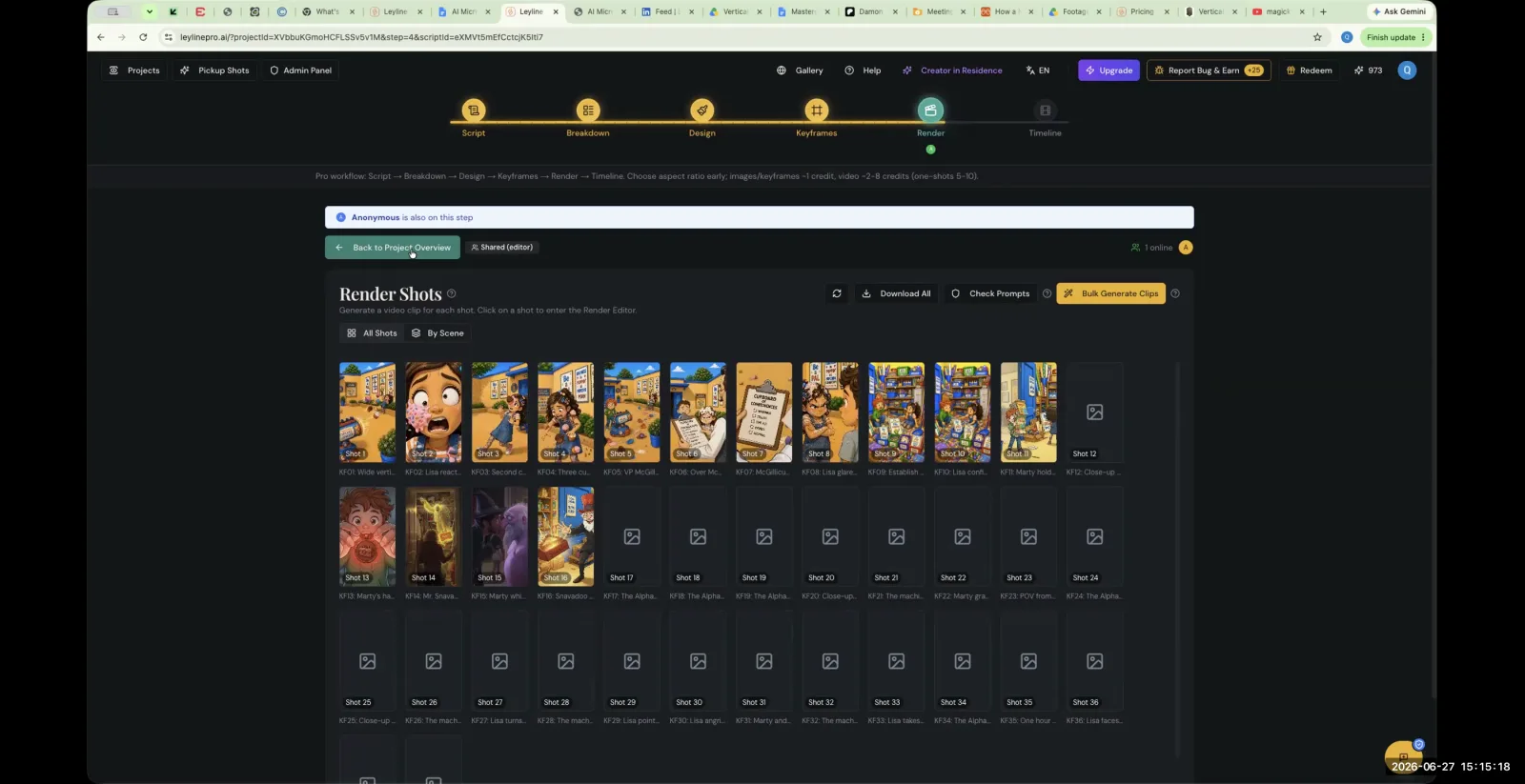 The Render Shots view in Leyline AI, with a grid of storyboard images and a 'Back to Project Overview' button.