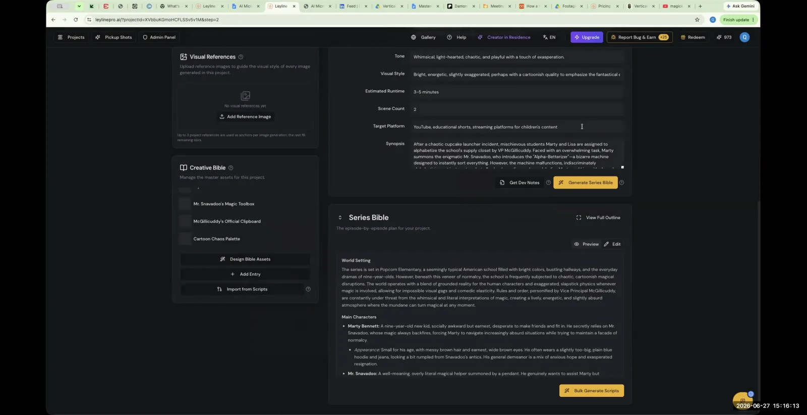 The Leyline AI project page, focusing on the Creative Bible section for managing and adding project assets.