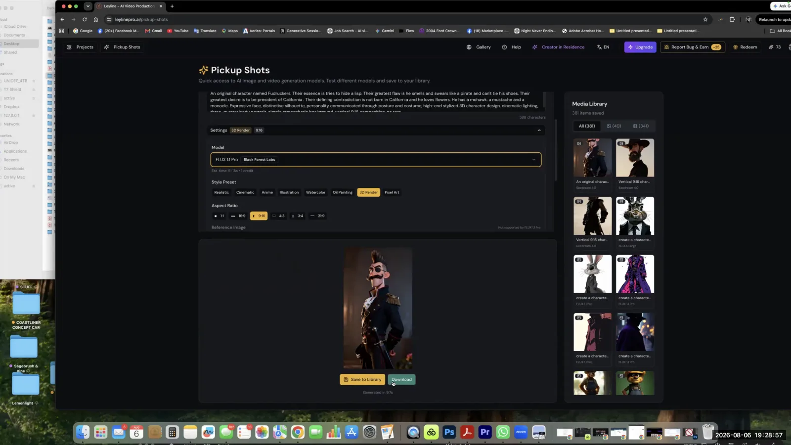 AI image generator UI showing a text prompt for a character with a monocle and the resulting image with glasses instead.