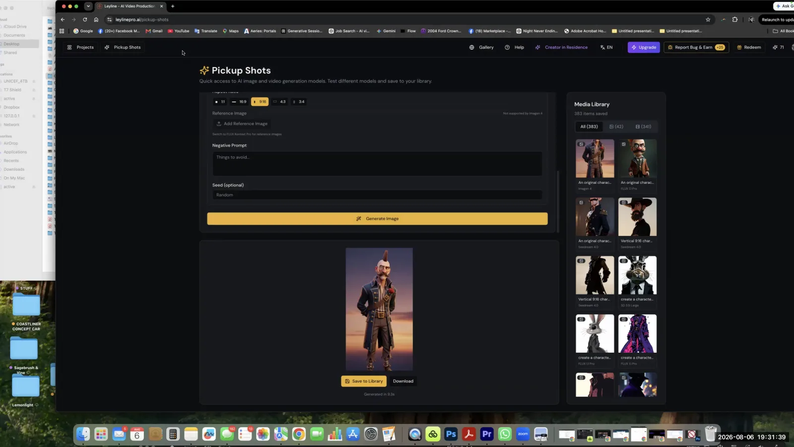 The Leyline AI interface showing a newly generated pirate character, with a media library of other character variations on the right.