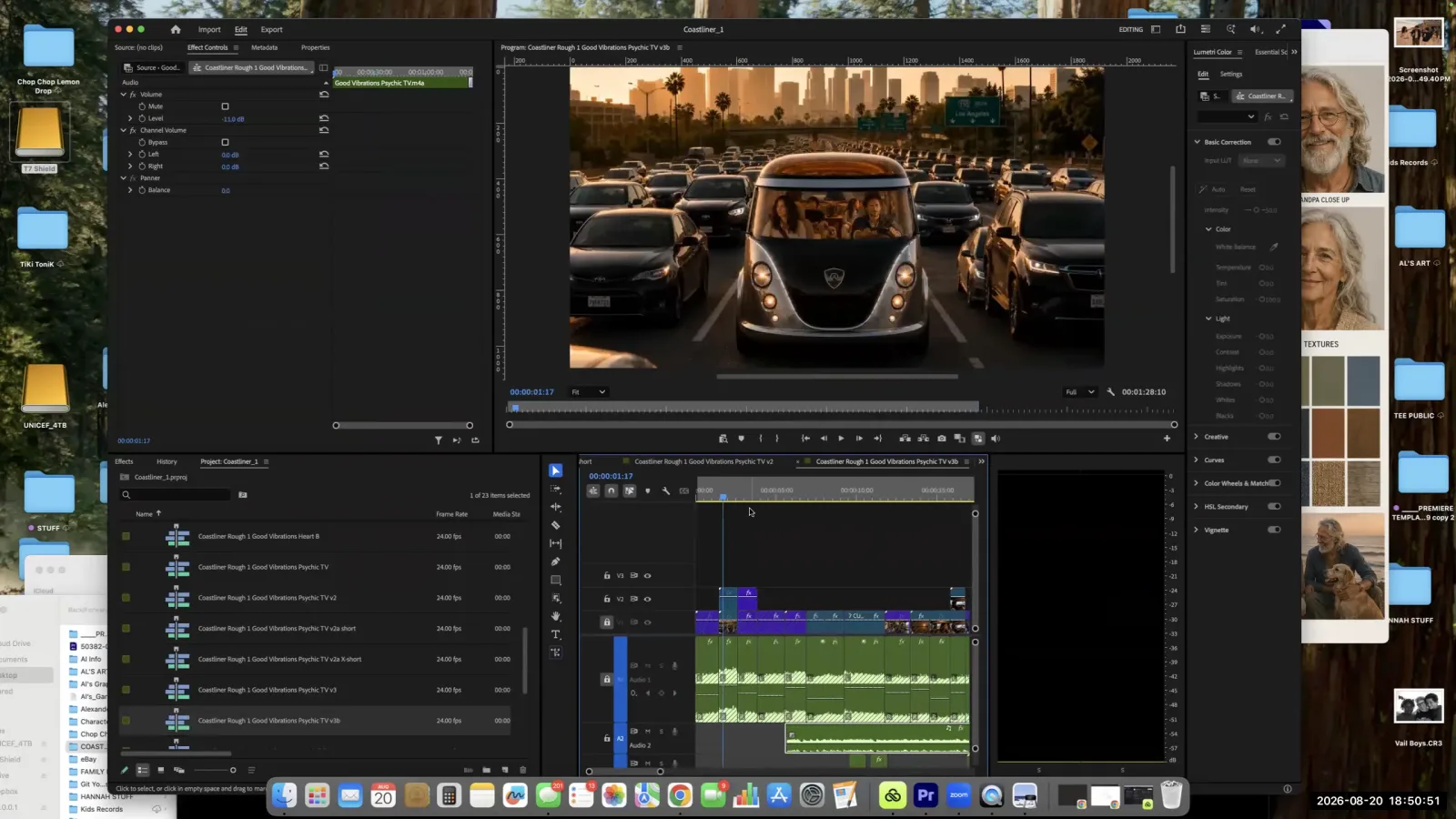 The Adobe Premiere Pro timeline shows audio tracks with volume keyframes beneath video clips of a car in traffic.