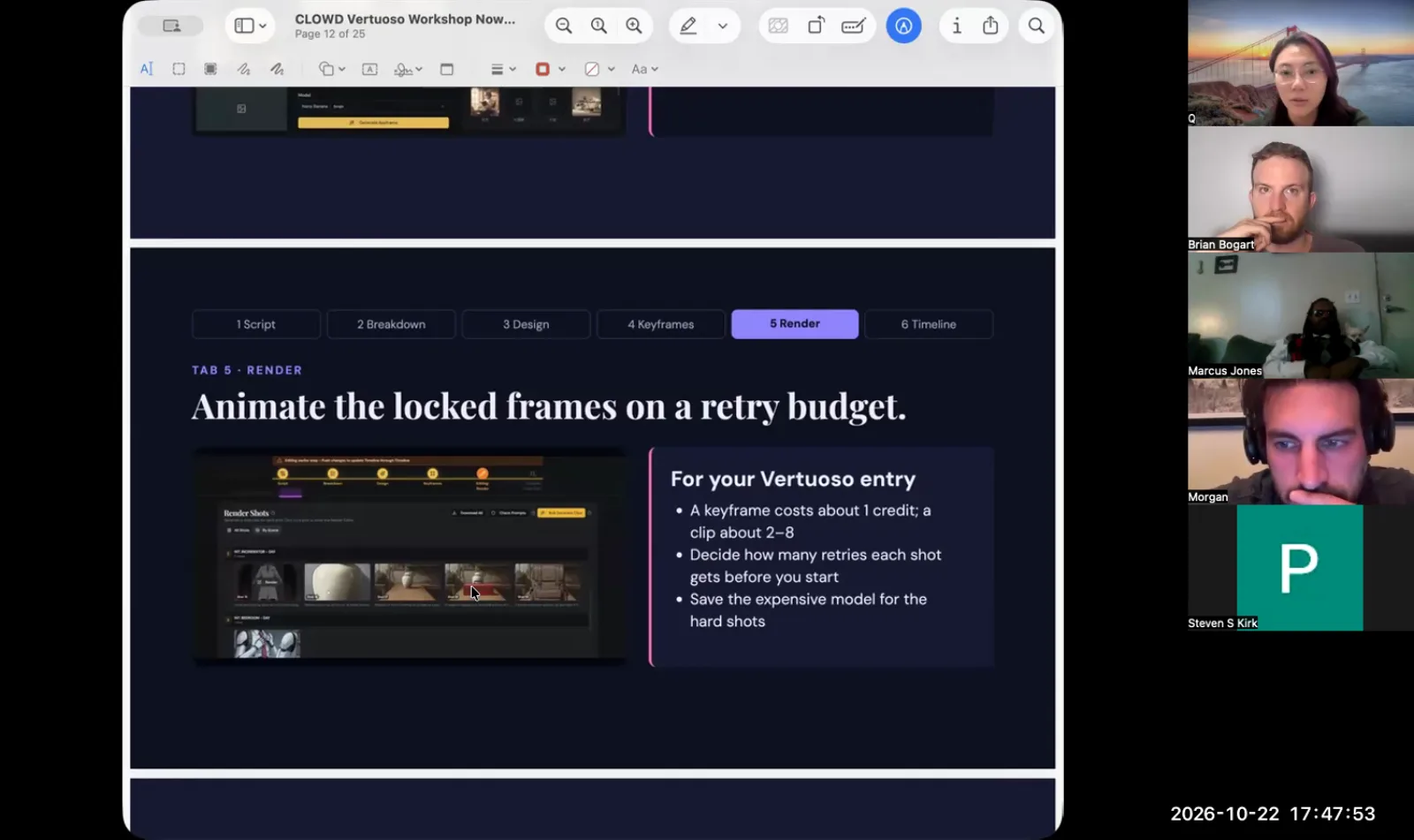 A presentation slide about rendering, showing a budget for animating locked frames and the cost of keyframes versus clips.