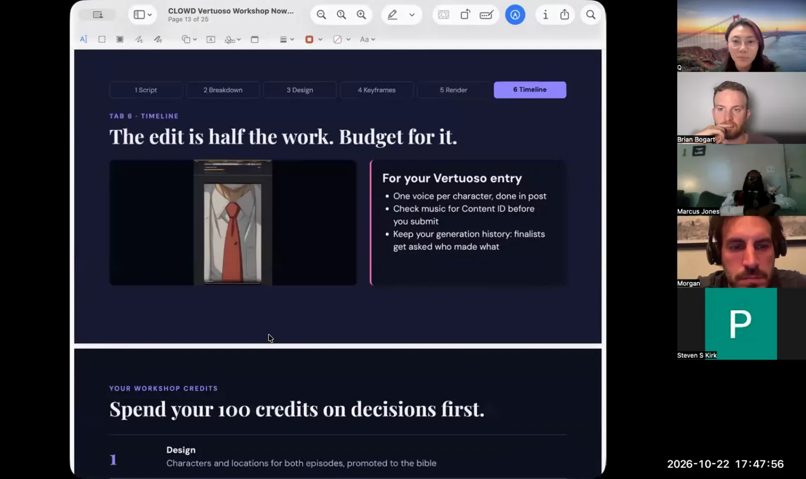 Slide from a workshop presentation about the editing timeline, with tips for post-production like voiceovers and music.