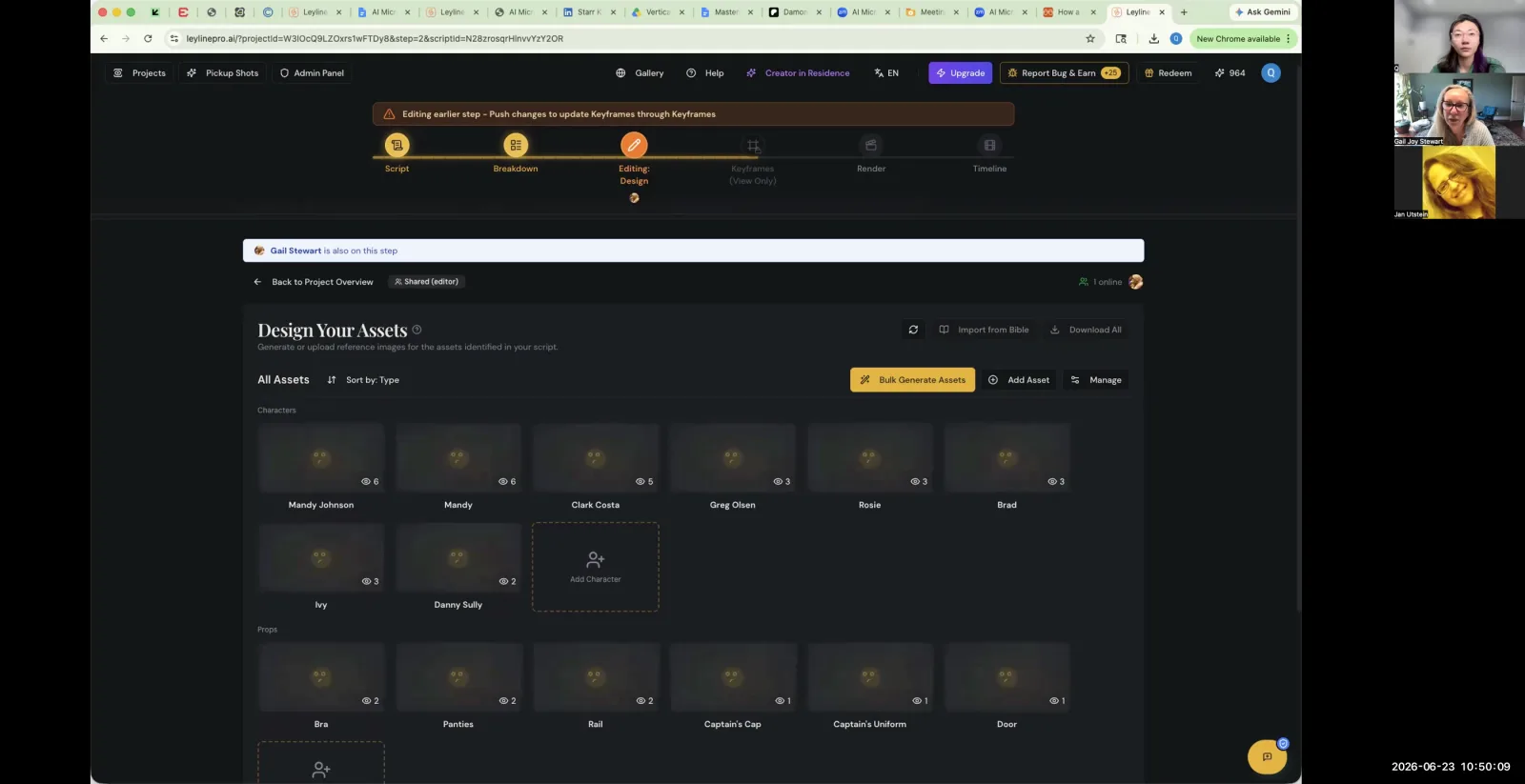 The "Design Your Assets" screen in an AI filmmaking tool, showing a grid of characters and props.