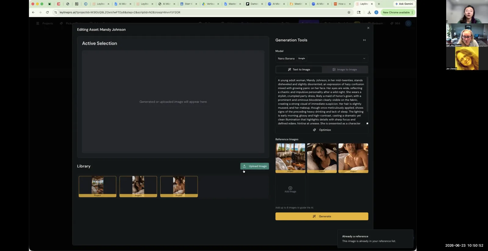 The Leyline AI filmmaking interface shows a detailed text prompt for generating an image of a character named Mandy Johnson.