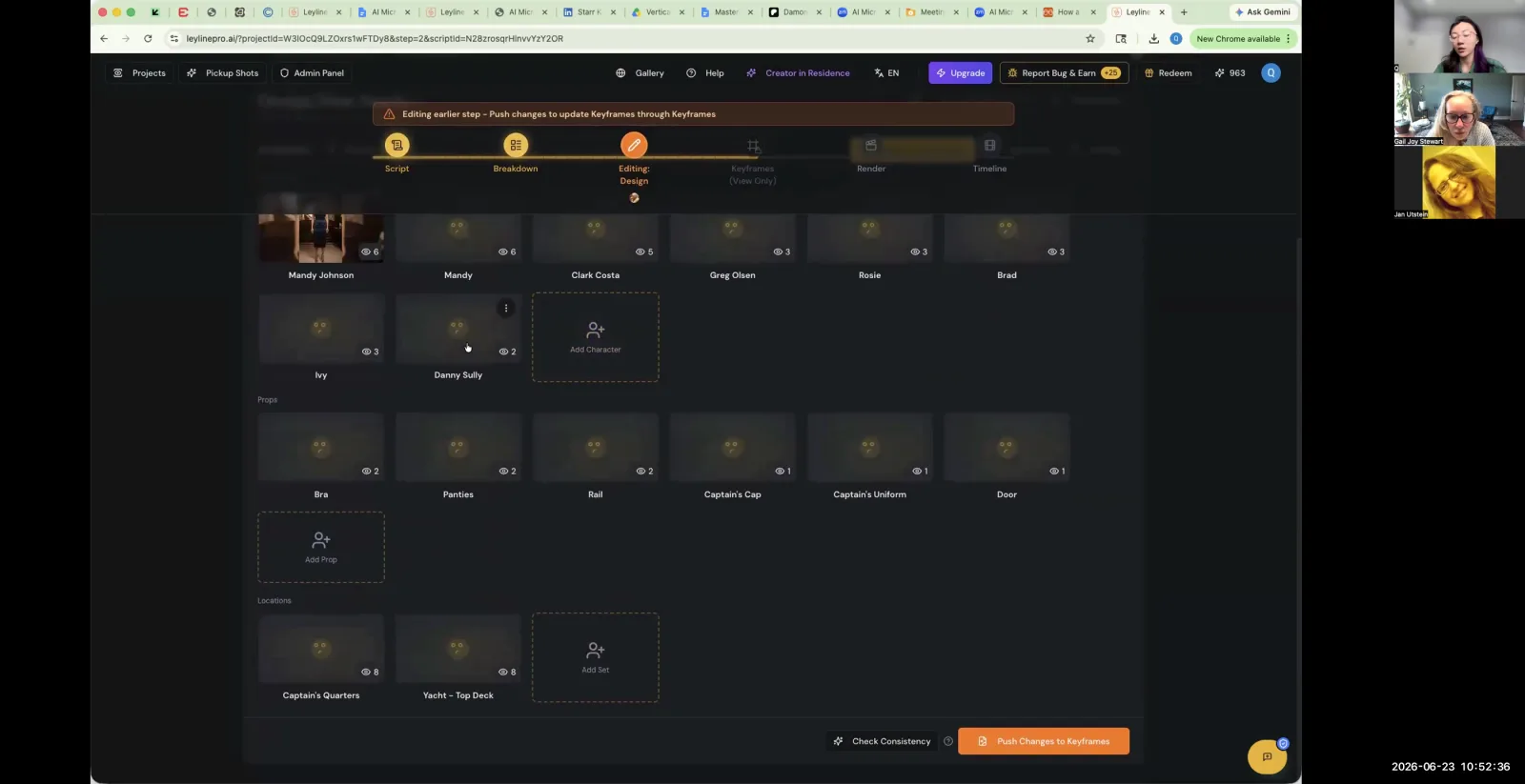 The Leyline.ai interface shows the Editing Design tab with categorized assets like characters, props, and locations.