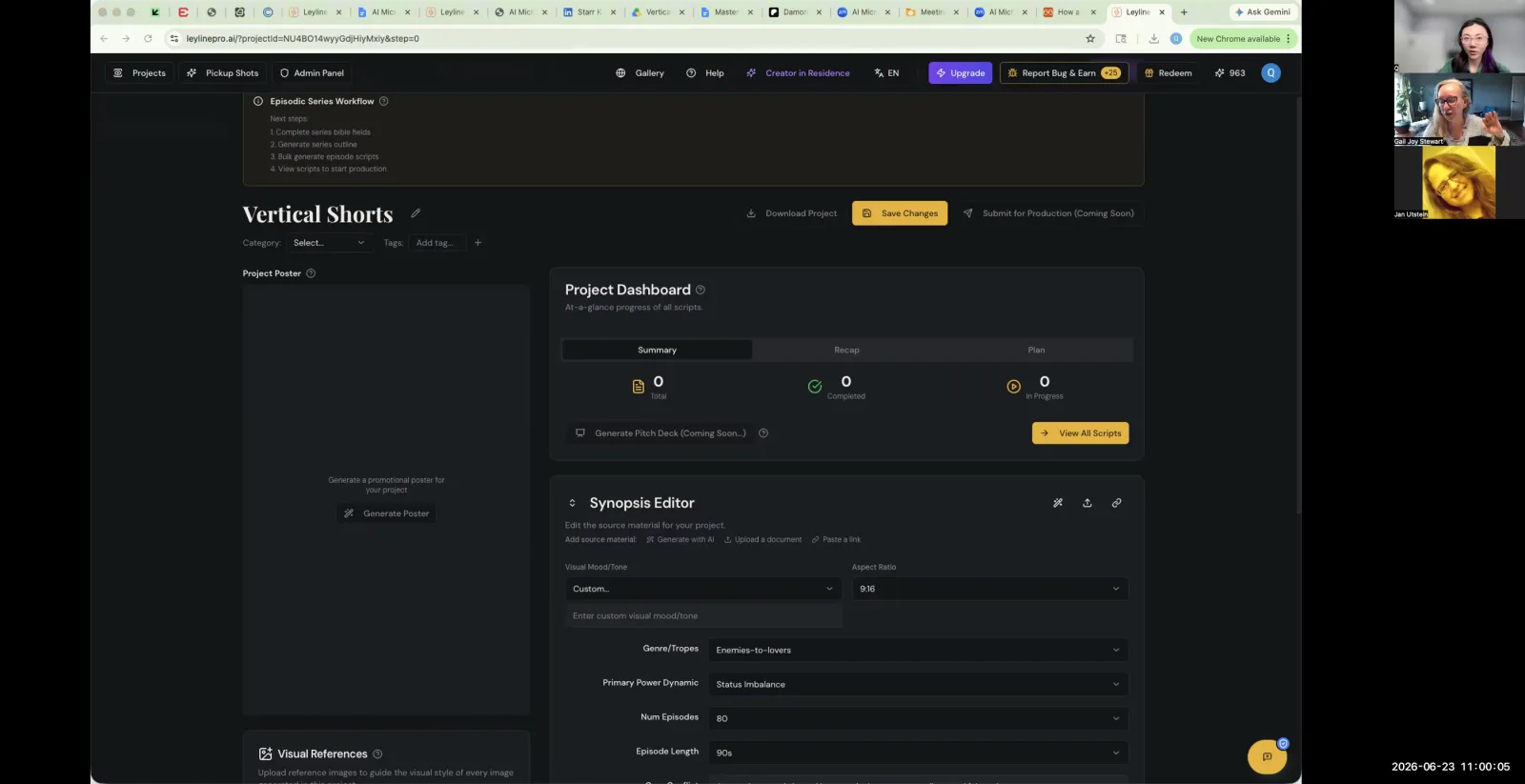 The Leyline.ai project dashboard, with the Synopsis Editor open, showing options to upload source material.