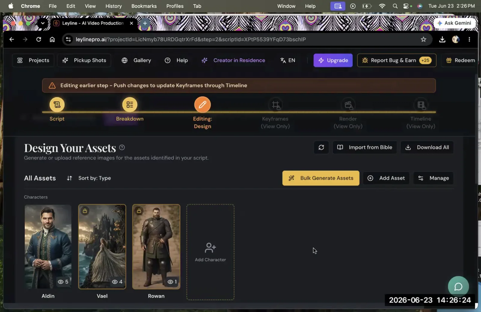 The Leyline AI video production interface, showing the 'Design Your Assets' screen with generated character portraits.