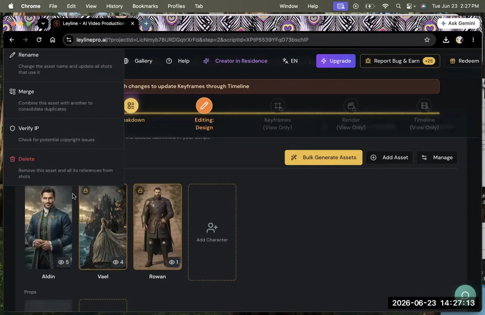 A context menu with options to Rename, Merge, or Delete an asset is open next to character cards in the Leyline interface.