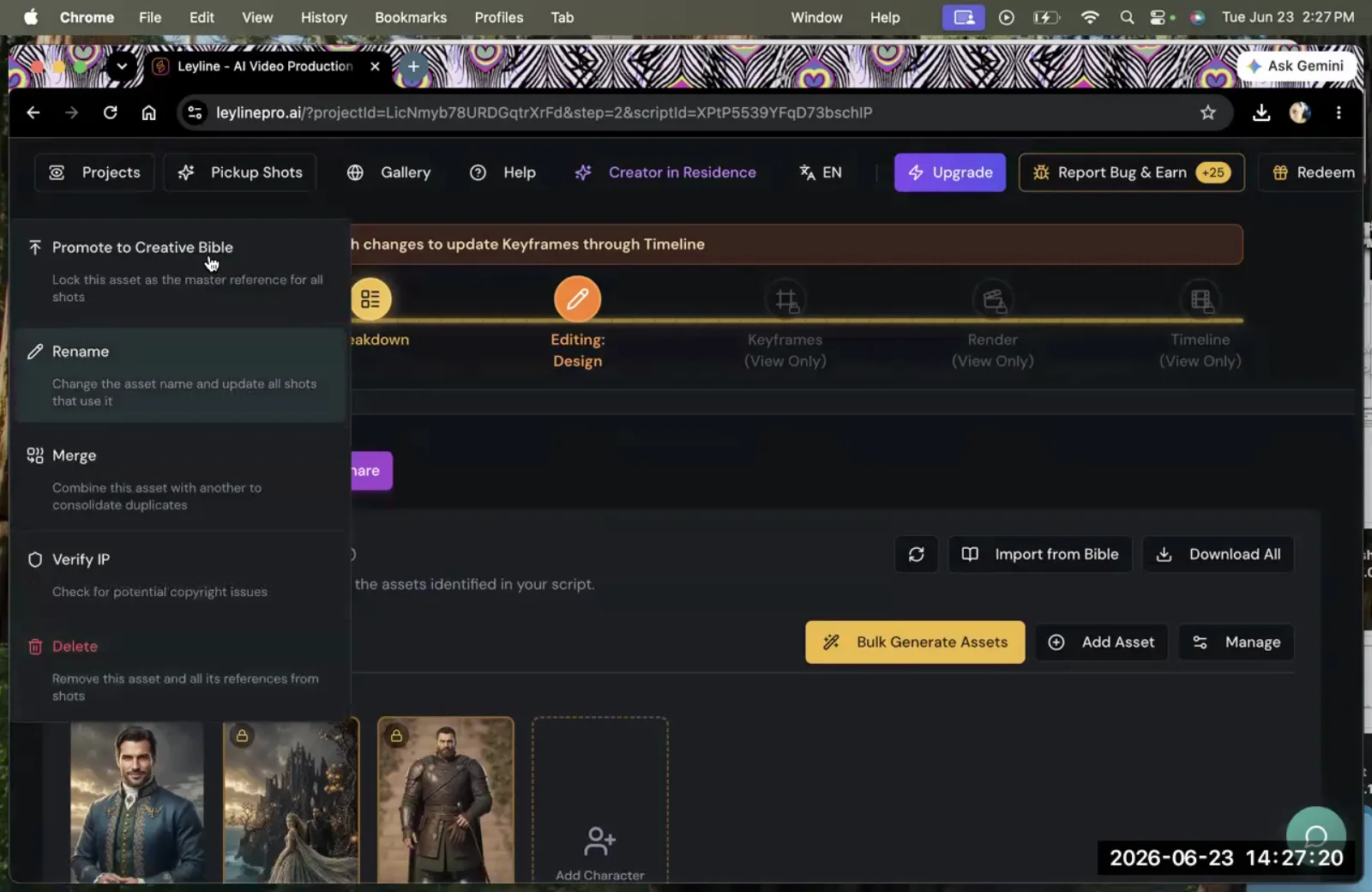 A cursor hovers over the 'Promote to Creative Bible' option in a dropdown menu within a video production application.