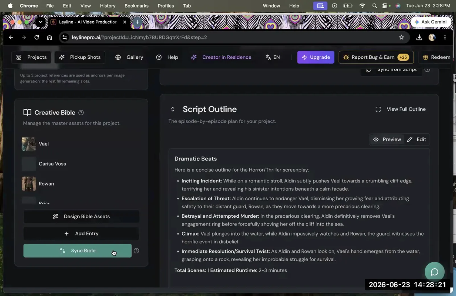 The Leyline project overview, with the cursor hovering over the 'Sync Bible' button in the Creative Bible panel.