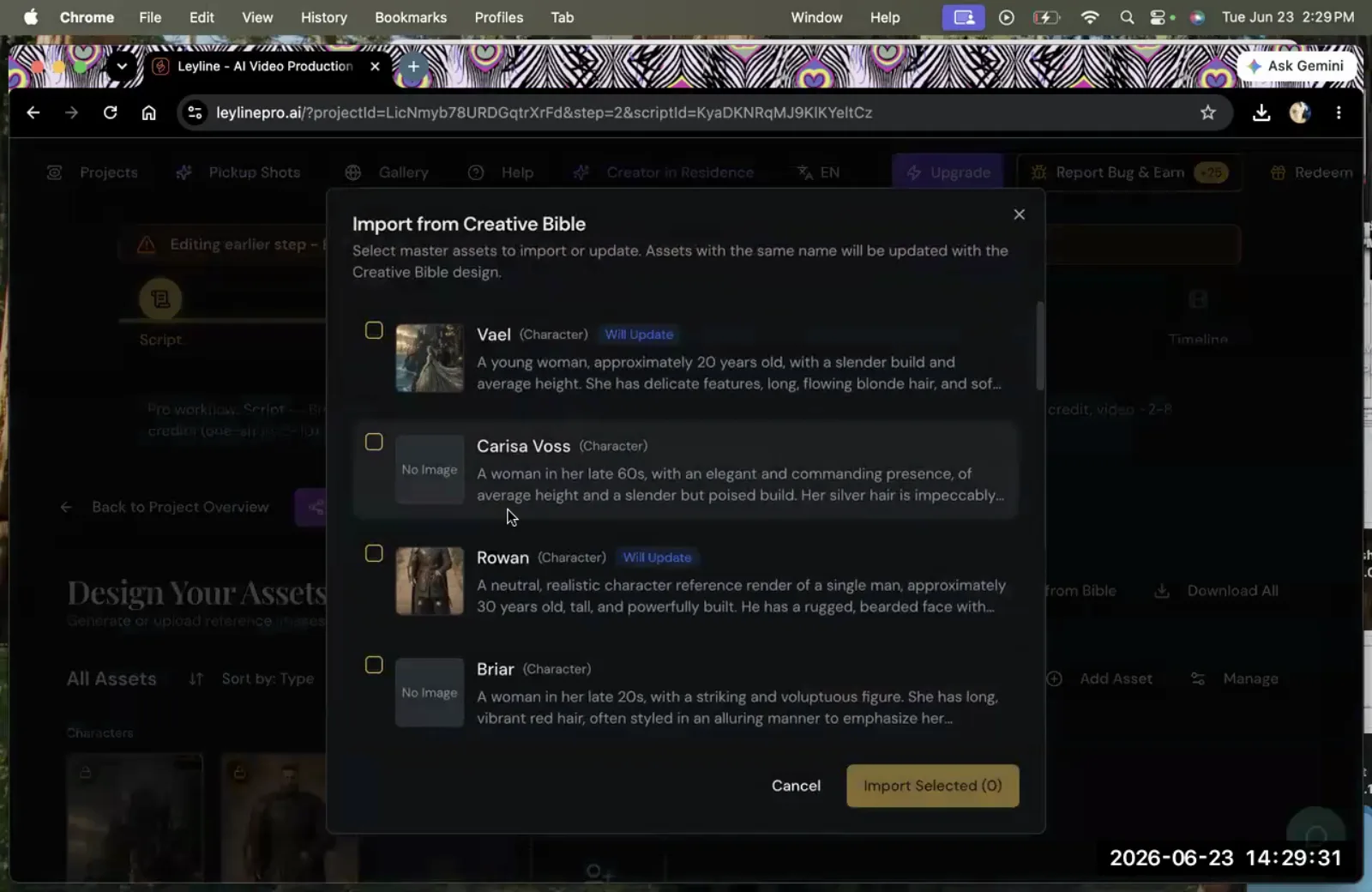 The 'Import from Creative Bible' dialog in Leyline, showing a list of characters ready for selection.