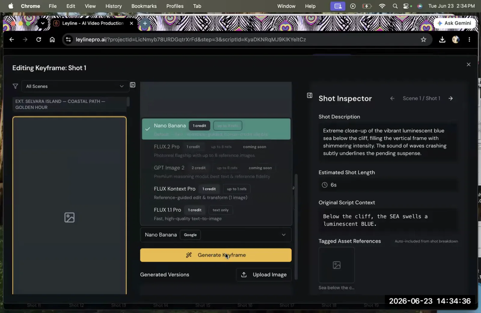 The Leyline AI interface for editing a keyframe, showing the Shot Inspector with a prompt and a list of image models to choose from.