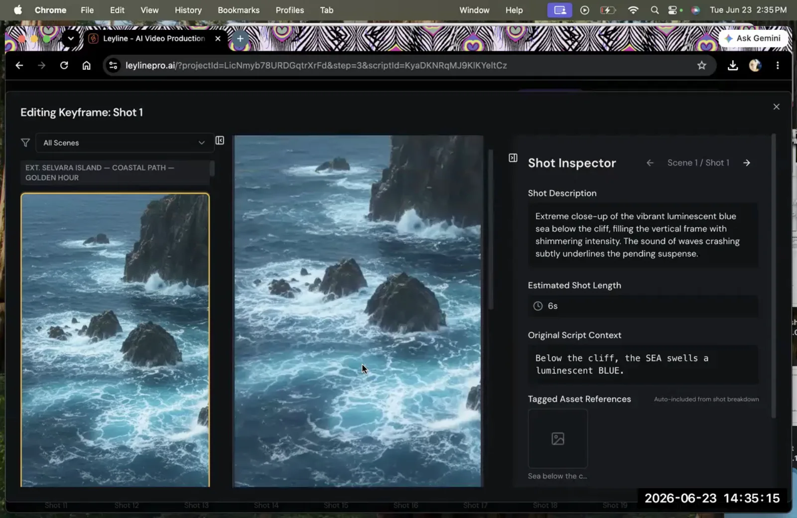 The Leyline AI video tool's interface, showing a generated ocean keyframe next to its descriptive prompt in the Shot Inspector.