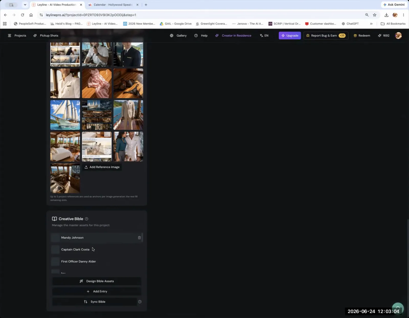 A screenshot of the Leyline project page, showing the Creative Bible section with a list of character names.