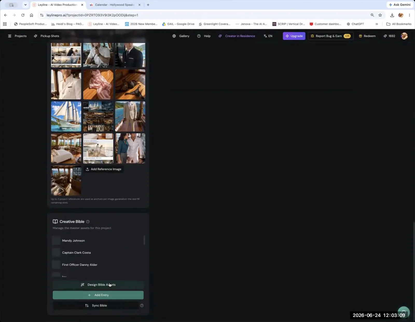 A screenshot of an AI video tool's interface, focusing on the 'Creative Bible' section with an 'Add Entry' button highlighted.