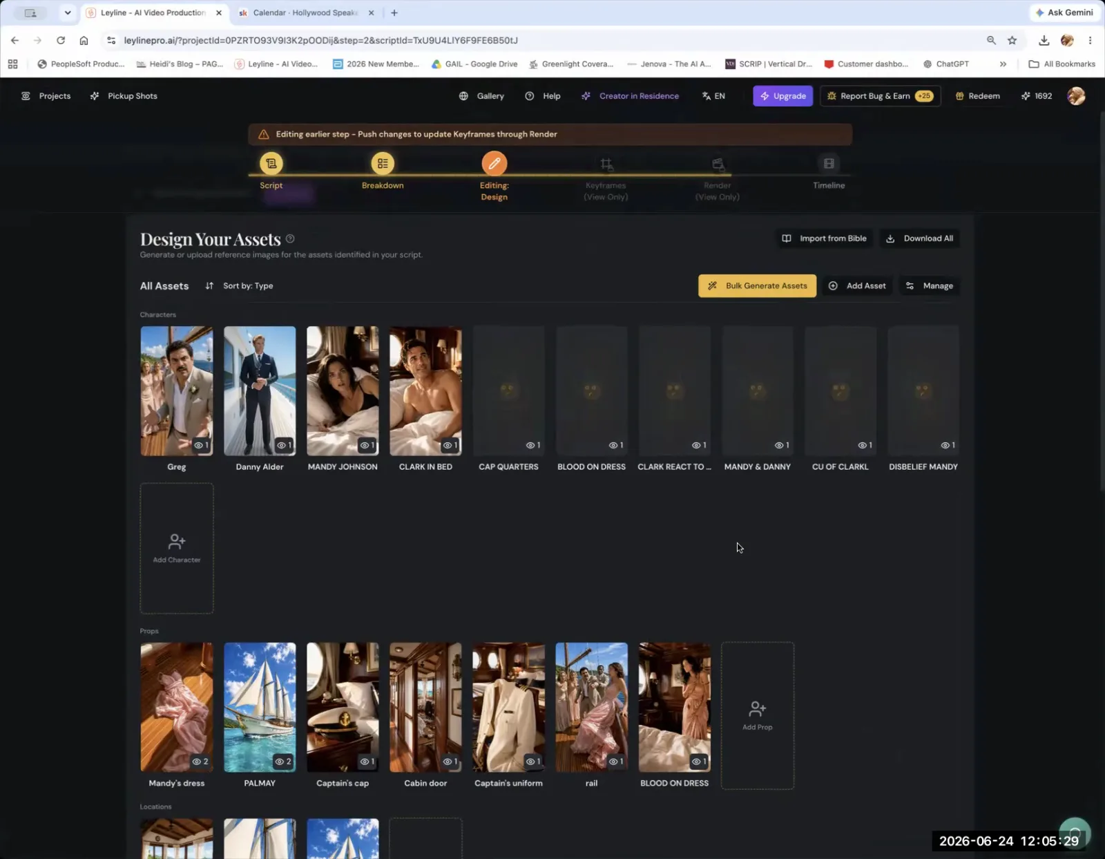 The Leyline AI interface showing the 'Design' step, with the 'Keyframes' tab visible in the top navigation bar.