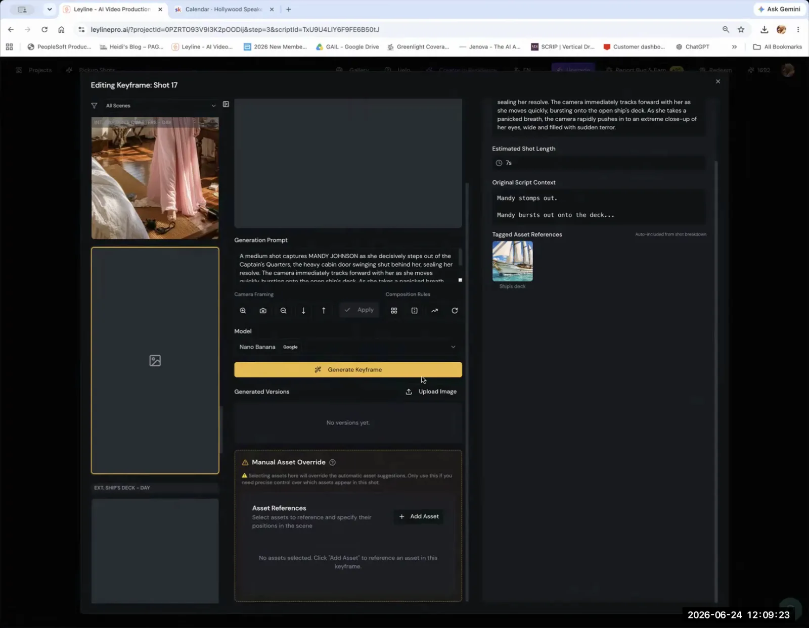 The Leyline AI video editor showing the 'Manual Asset Override' section with the '+ Add Asset' button.