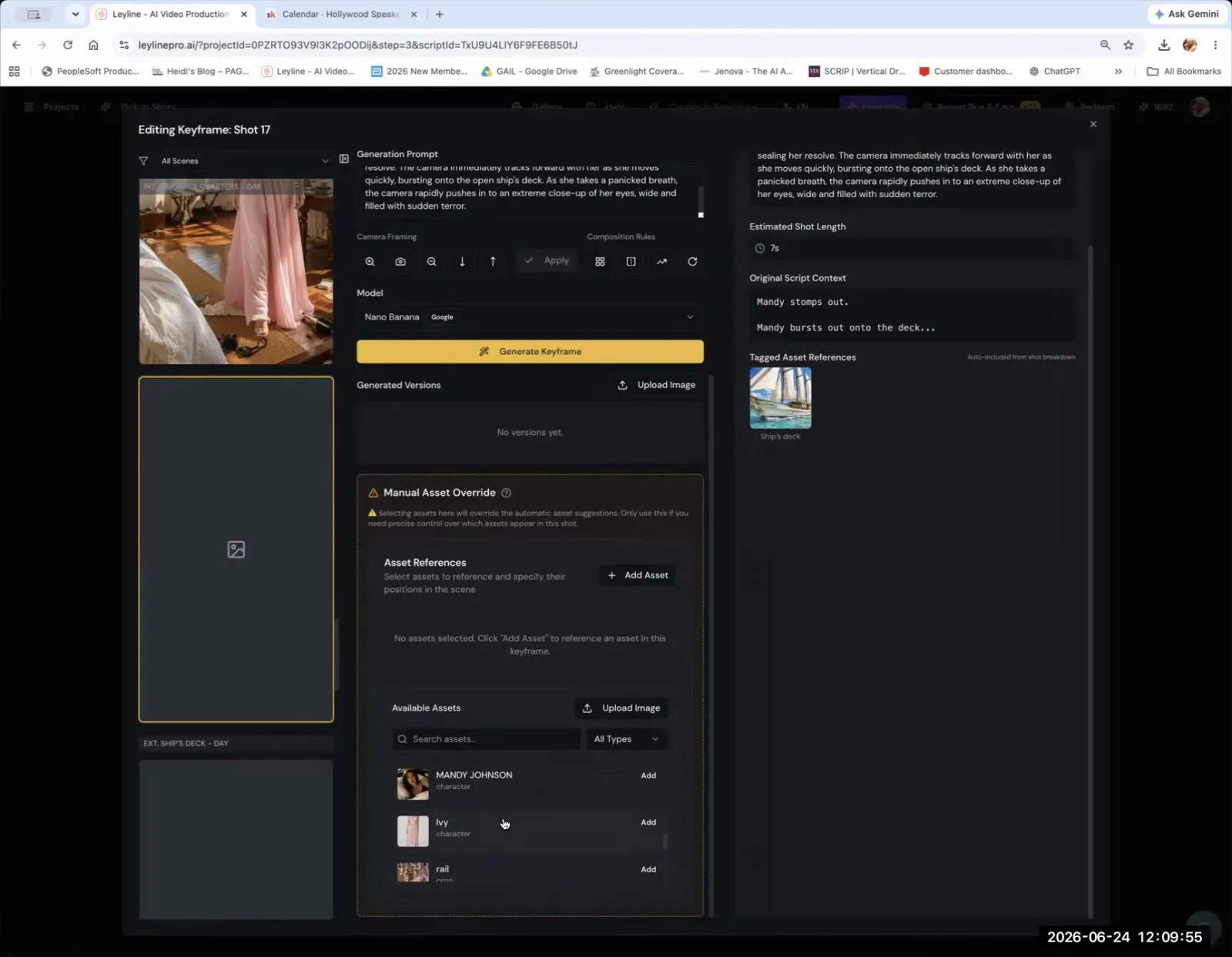The Leyline keyframe editor, with the 'Available Assets' section open to add a character to the shot.