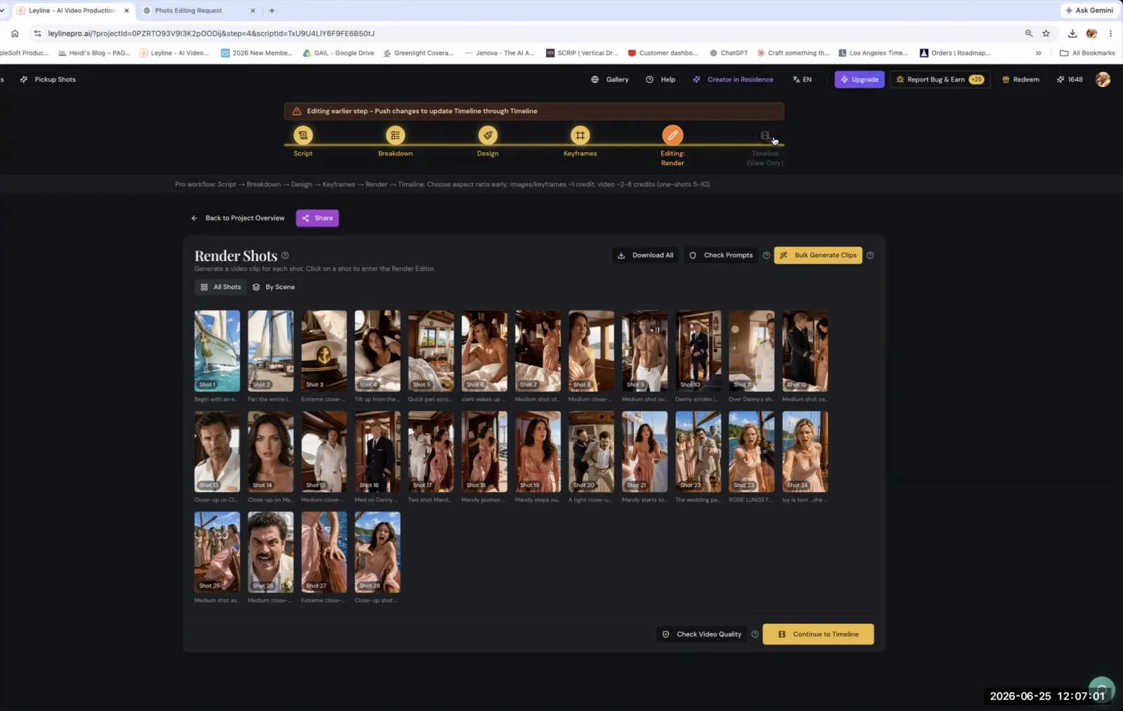 The Render Shots screen in Leyline, showing a grid of numbered shot thumbnails ready for video generation.