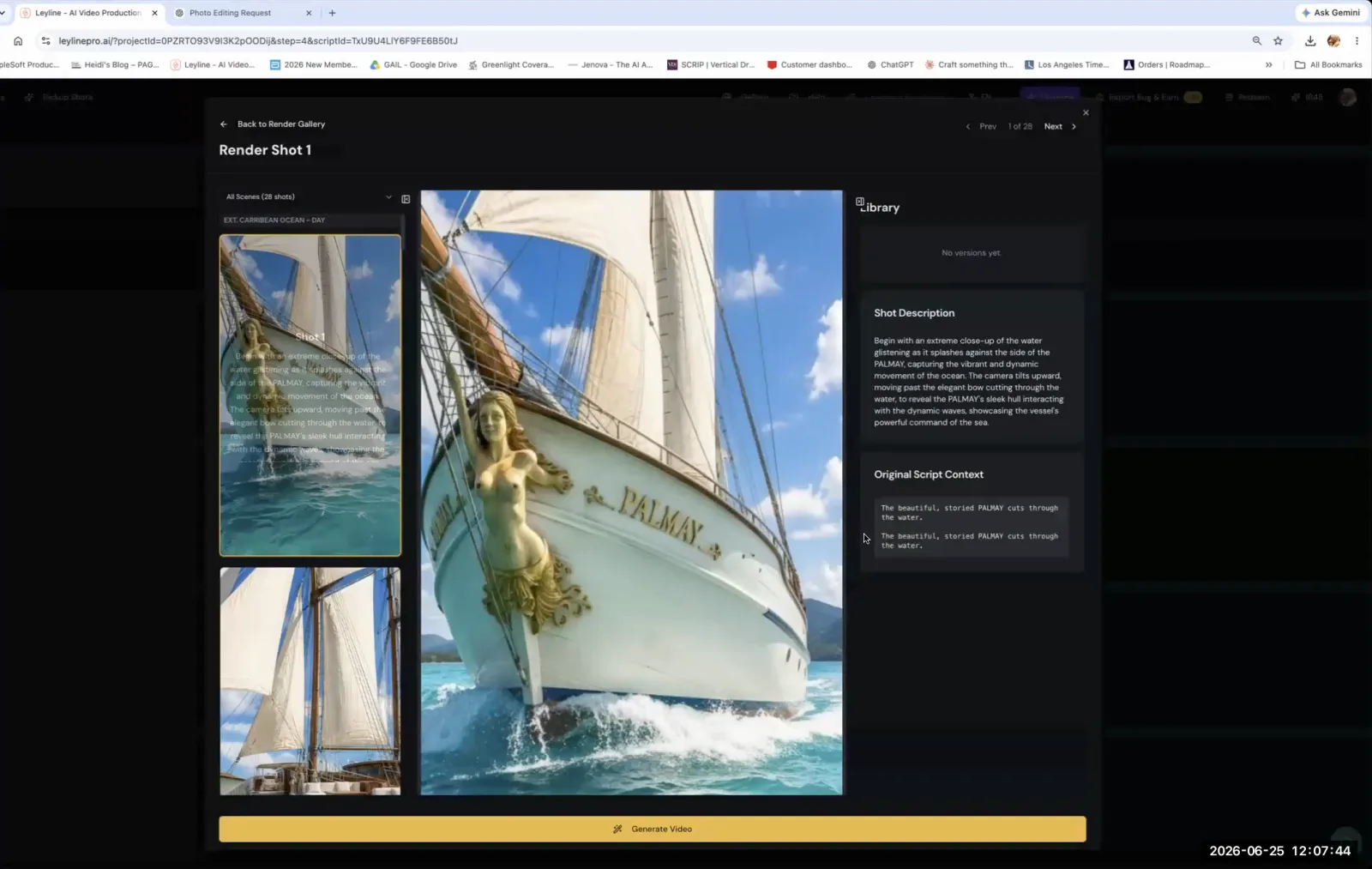 The Leyline AI video tool interface shows rendered shots of a sailboat, with the 'Generate Video' button at the bottom.