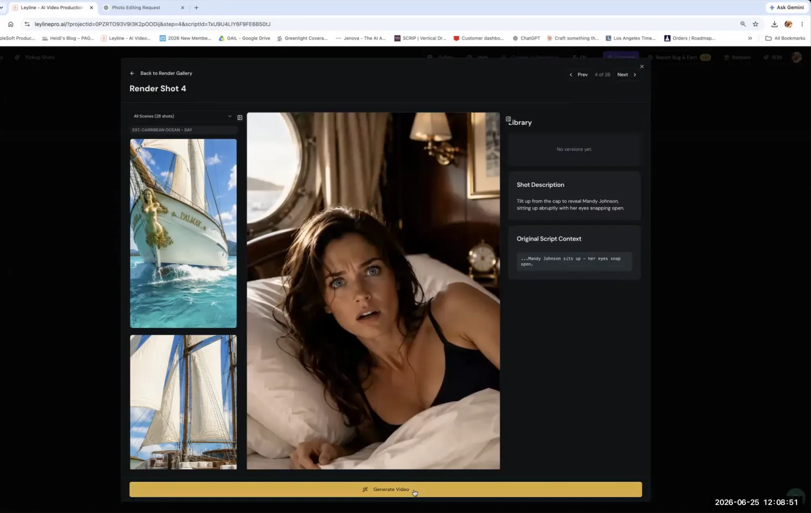 The Leyline AI video tool shows a shot description for a scene of a woman waking up, with corresponding reference images.