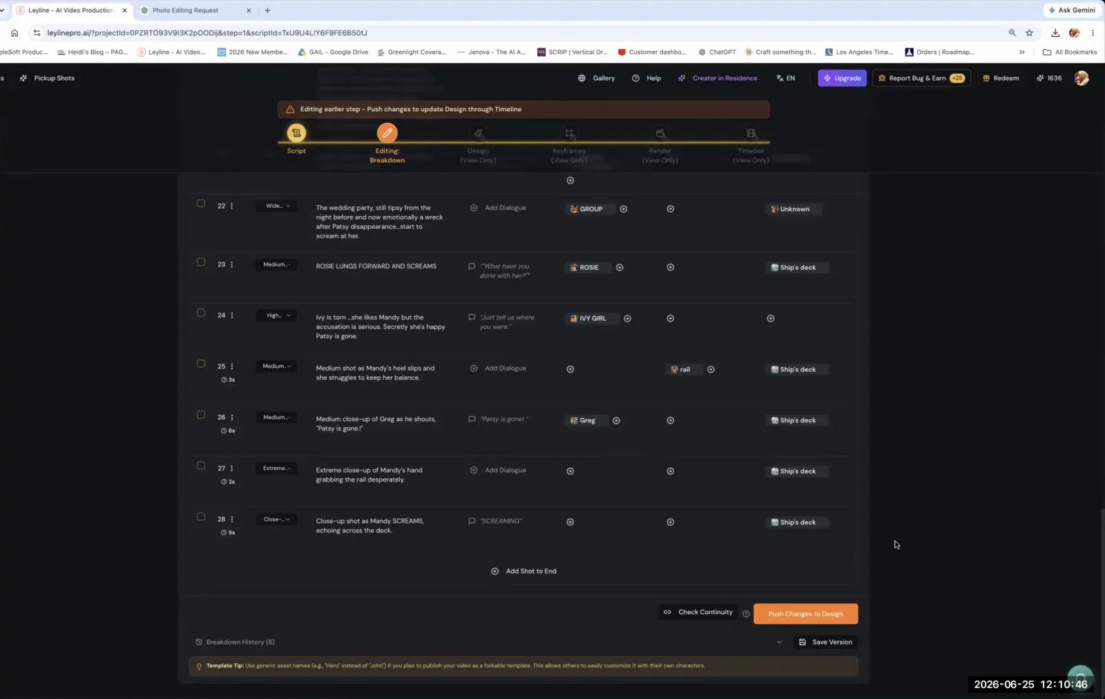 The Breakdown editor in an AI video tool, with the 'Push Changes to Design' button highlighted to update the project.