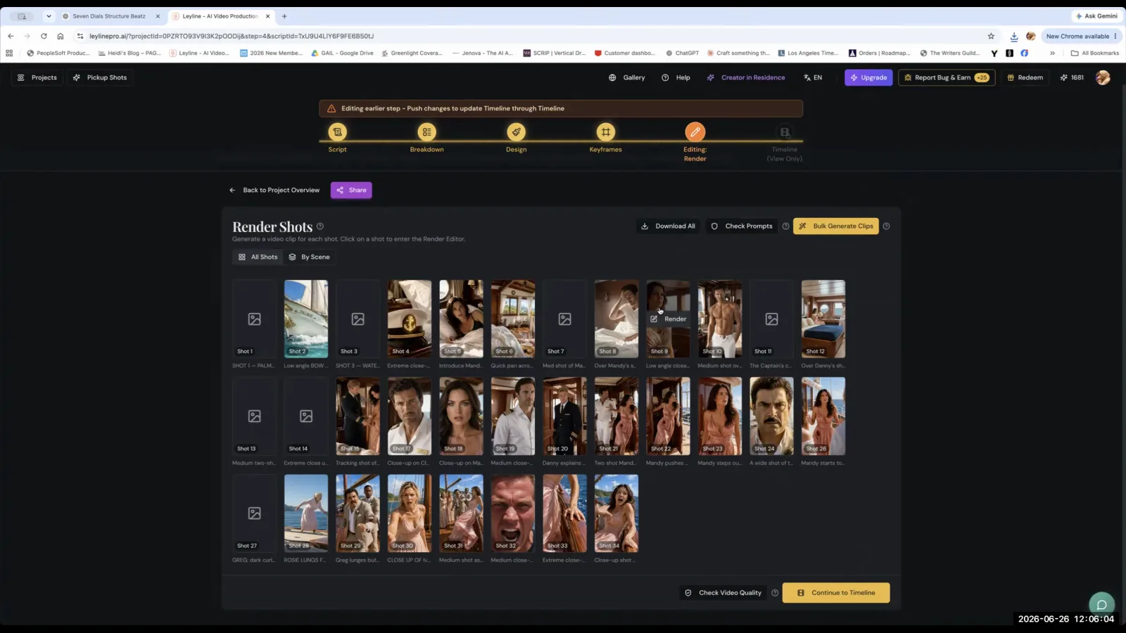 The Leyline AI interface showing the 'Pickup Shots' button selected in the top navigation bar above the 'Render Shots' gallery.