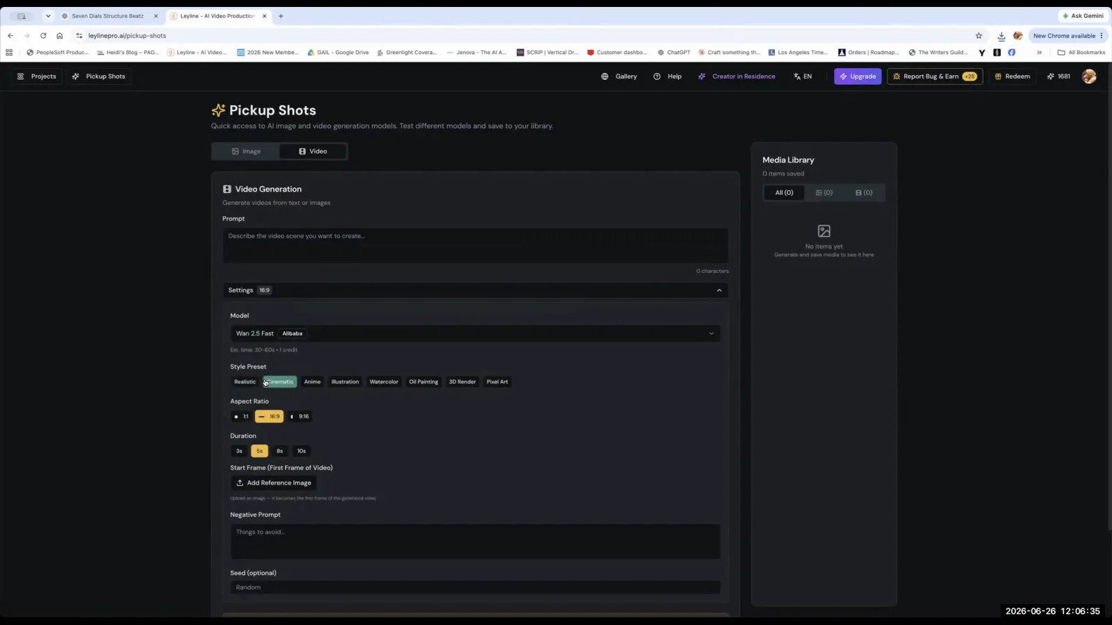 The Leyline AI video generation interface, showing settings for style preset and aspect ratio, with 16:9 selected.