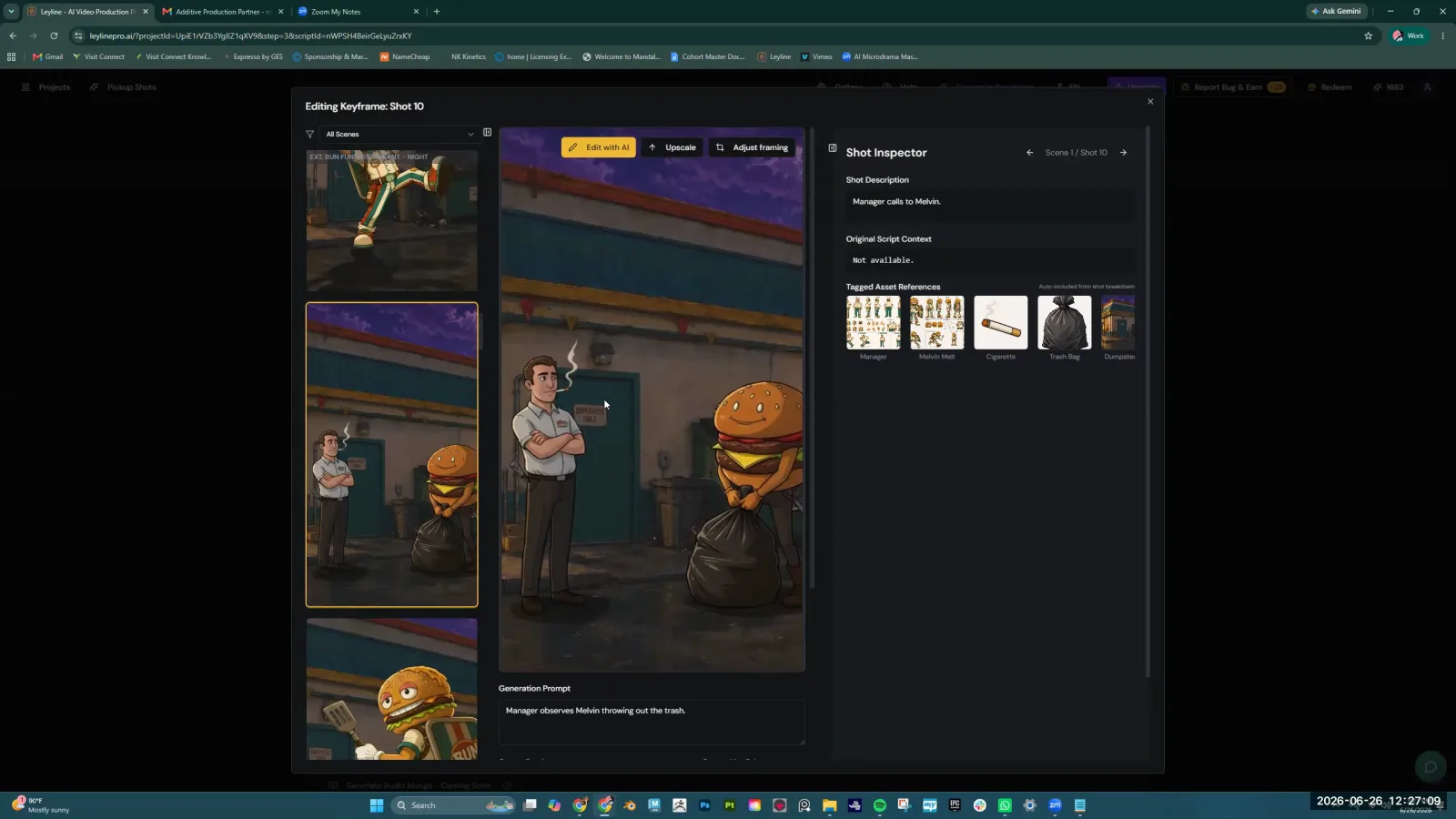 AI video editor UI showing several different cartoon keyframes for 'Shot 10,' demonstrating AI generation inconsistency.
