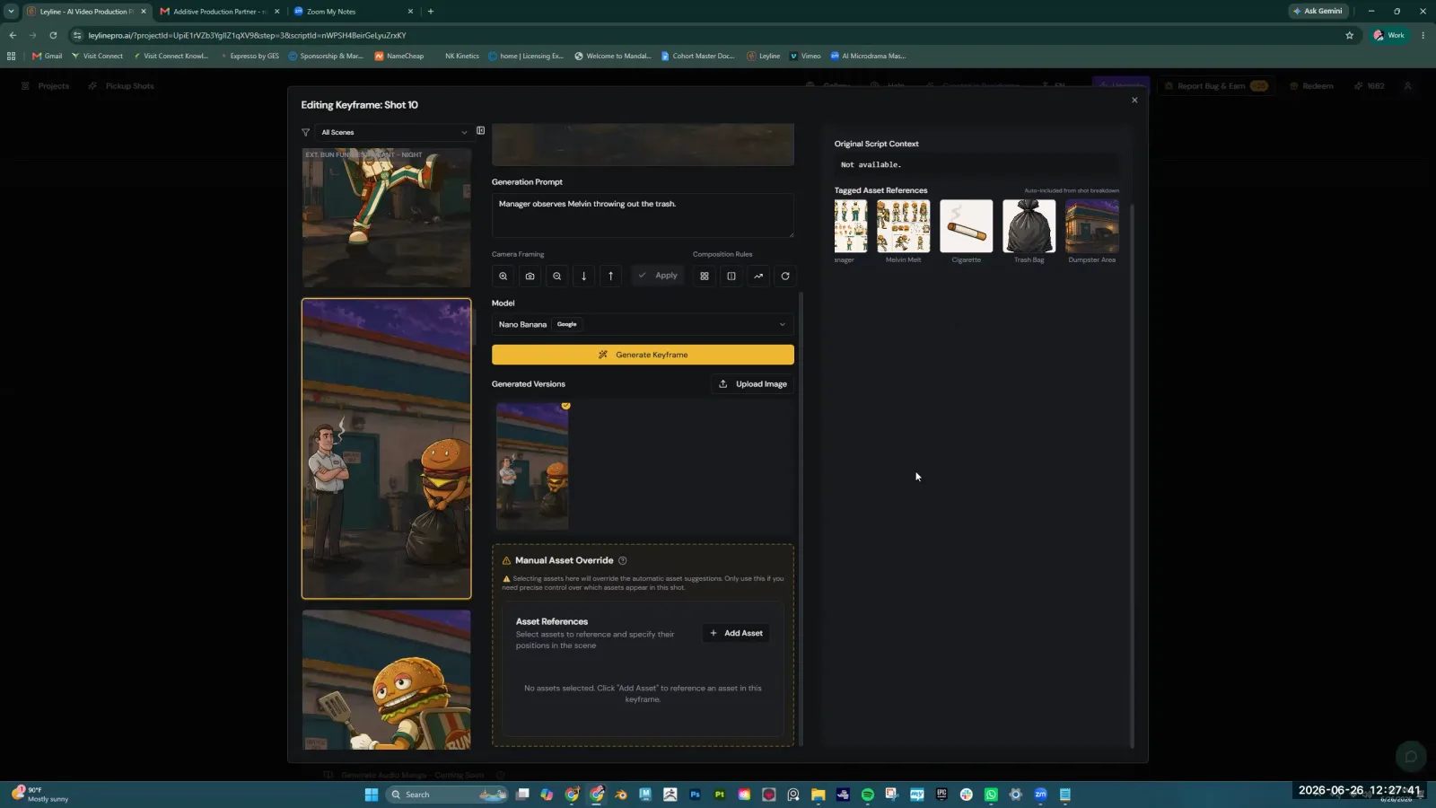 The Leyline keyframe editor showing the 'Manual Asset Override' and 'Asset References' sections for a shot.