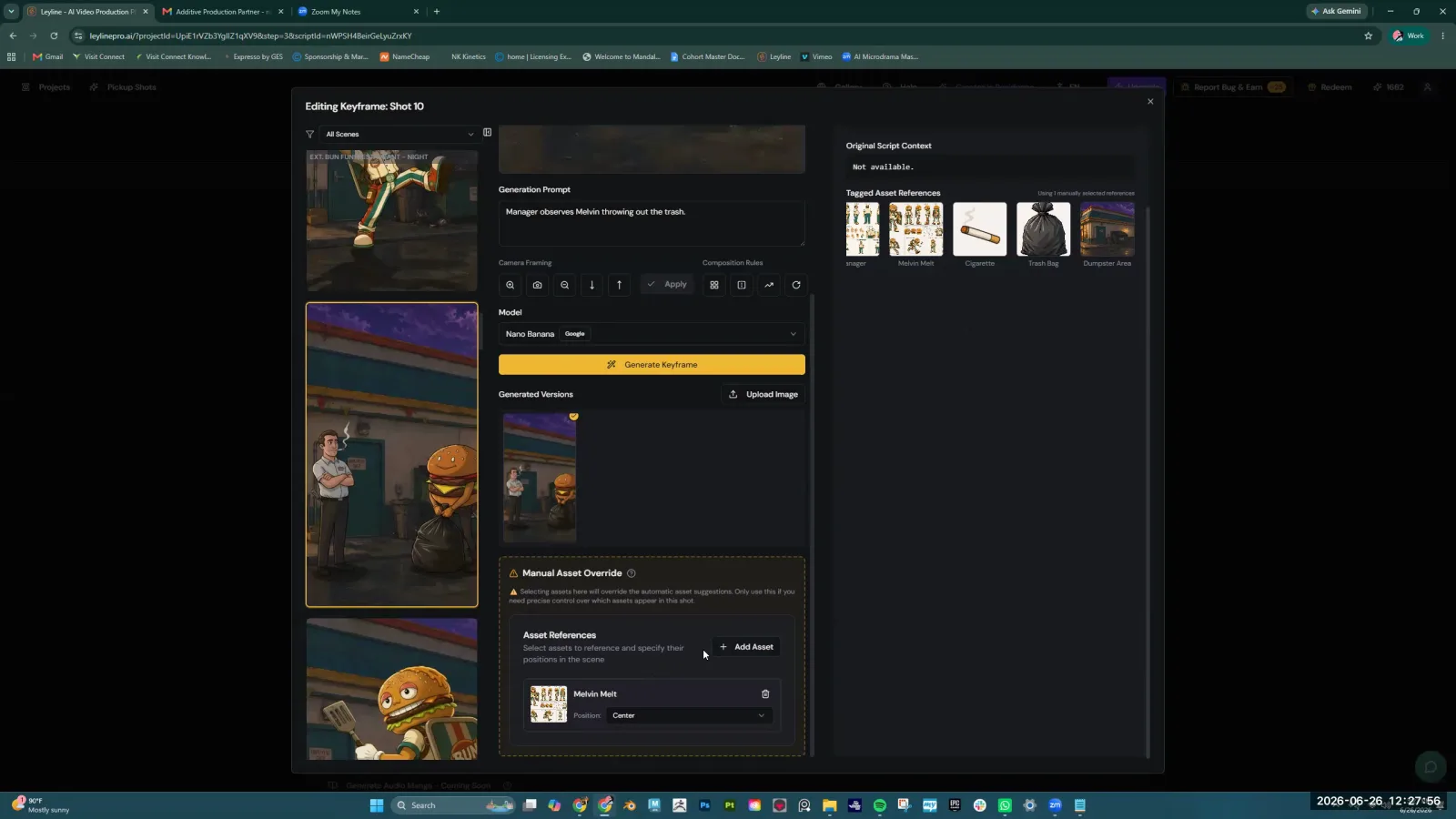 The Leyline AI interface shows the Asset References panel, where a user manually selects a character for a keyframe.