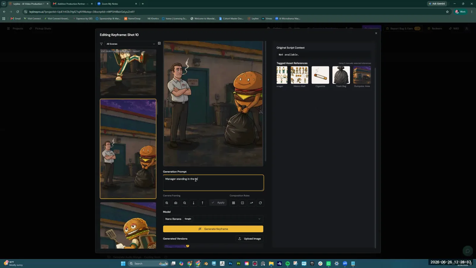 The Leyline AI tool's keyframe editor, with the cursor in the 'Generation Prompt' text box, ready for a detailed prompt.