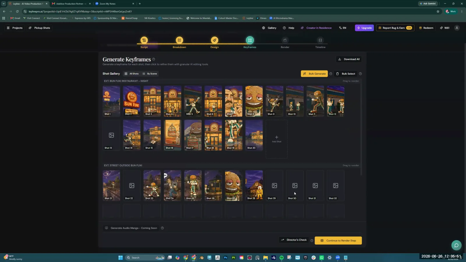 Shot gallery in Leyline AI, with a grid of storyboard images ready to be reordered by dragging.