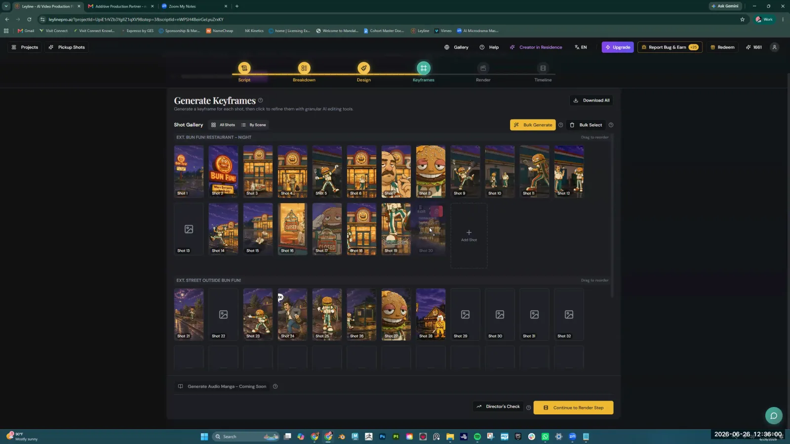 The Keyframes view in an AI video tool, showing a storyboard gallery with shots arranged in a new order.