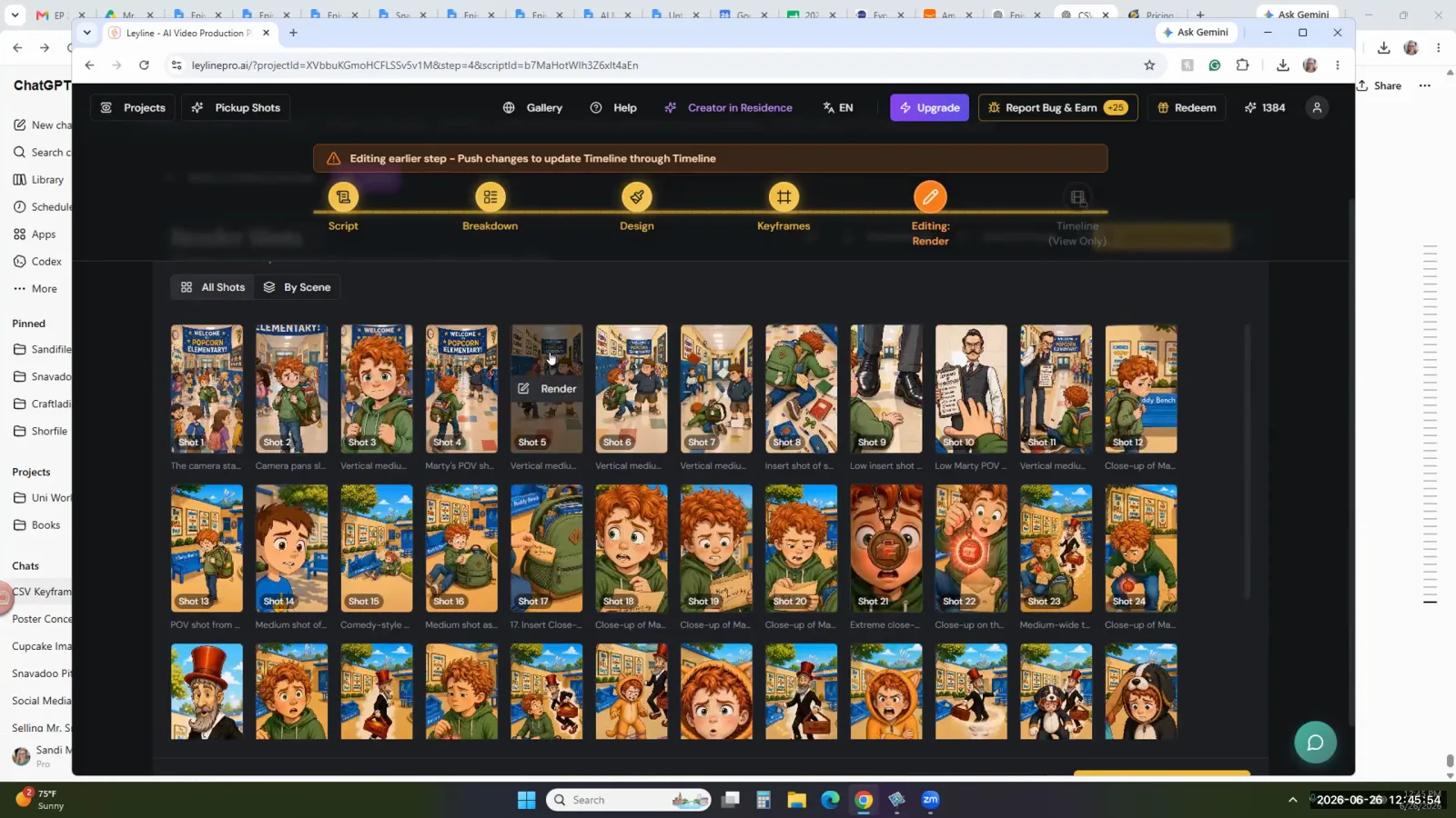 The Leyline.ai interface showing the Render stage with a grid of storyboard shots.